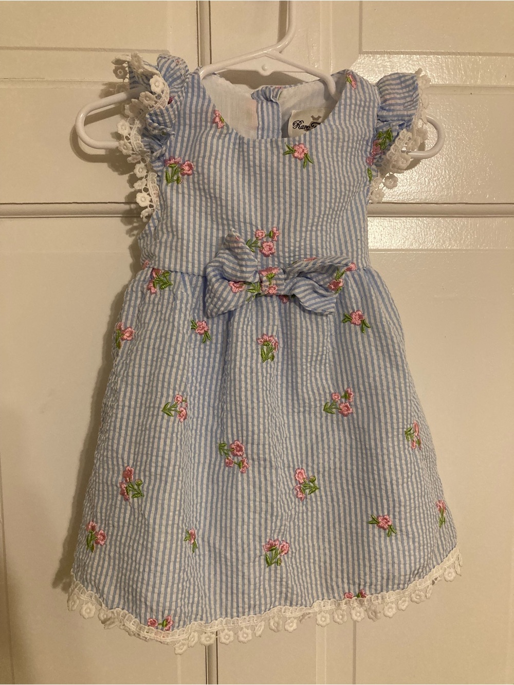 Rare Editions Blue Seersucker Dress with Pink Floral Embroidery